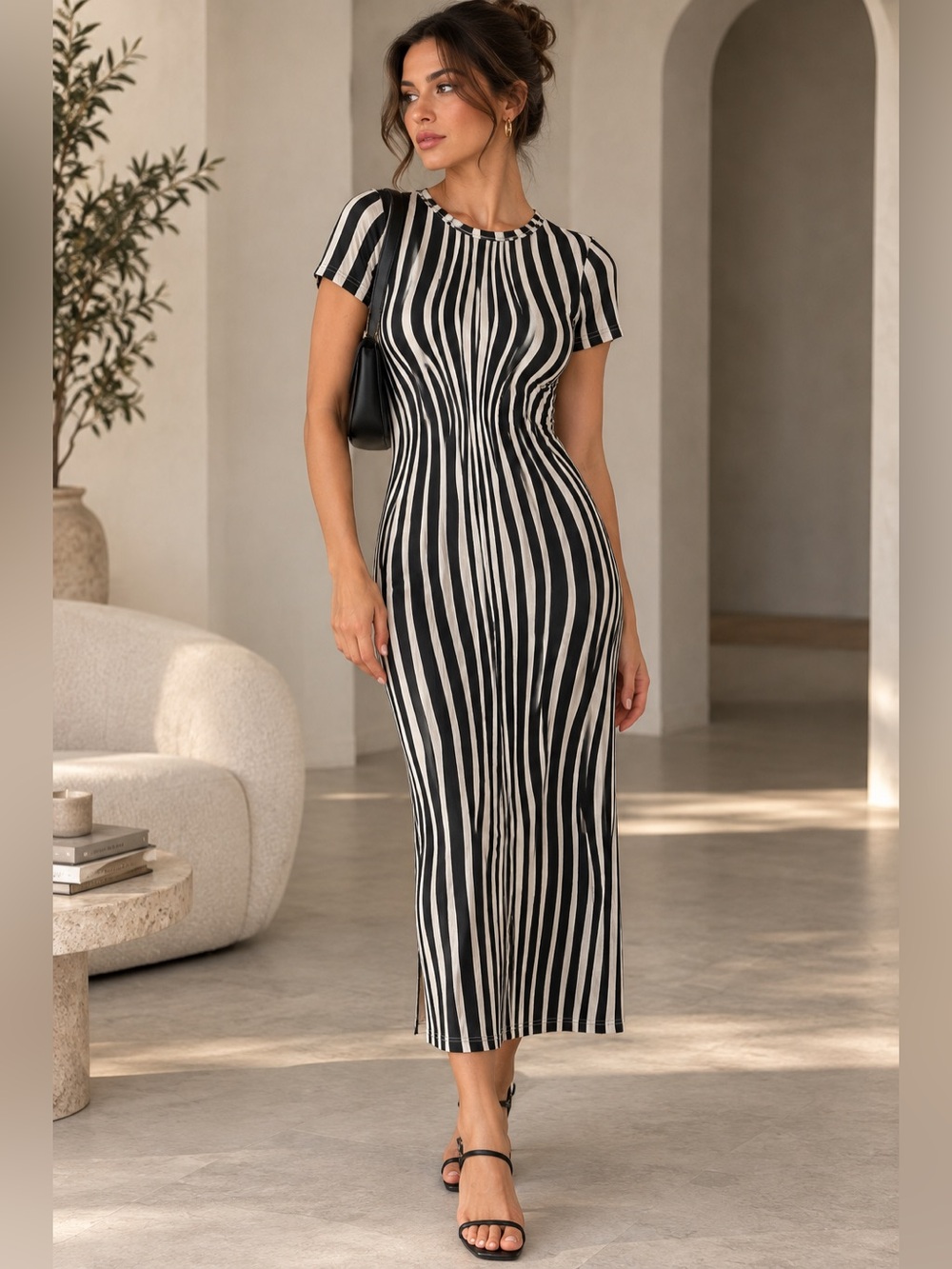 Optical Illusion DressBlack and White Striped Maxi